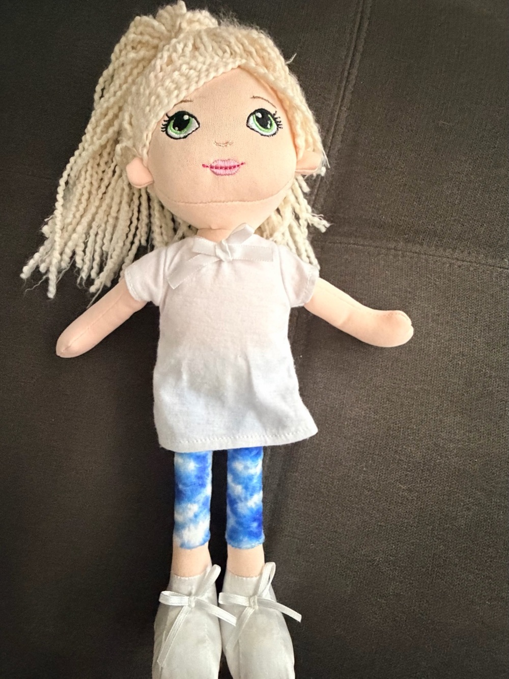 Plush Rag Doll with Blonde Yarn Hair and Blue Leggings - White Dress